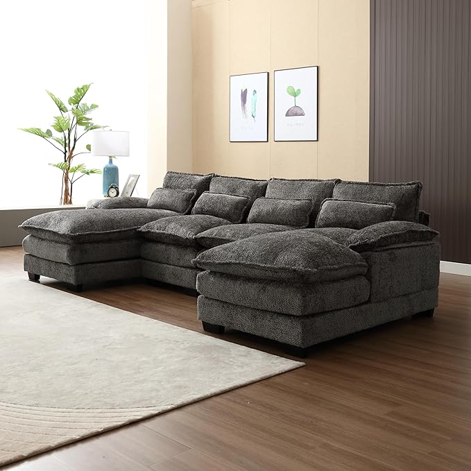KEIKI 111" L-Shaped Chenille Modular Sectional Chenille Sofa with 2 Chaise Lounge & Memory Foam Cushion, Upholstered Modern Oversized 4-Seater Couch, Easy Assembly, for Apartment, Living Room, Gray