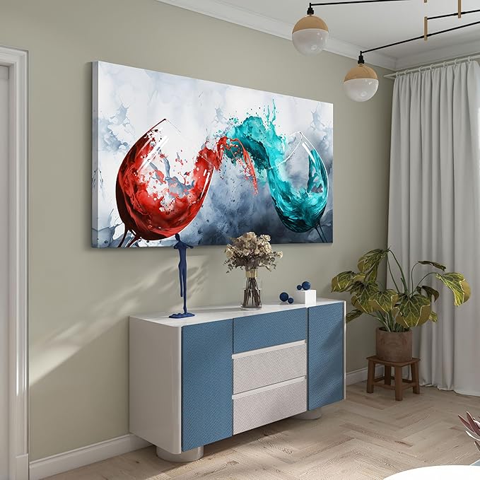 Pogusmavi Dining Room Wall Art Wine Glass Canvas Wall Pictures Kitchen Art Wall Decor Blue & Red Wine Cups Painting Modern Wall Art for Living Room Office Artwork Wall Decor 30x60IN