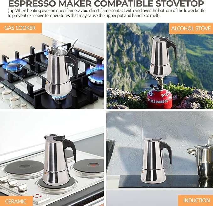 9 Cup 450ml Moka Pot Stainless Steel Espresso Coffee Maker Stovetop Percolator Coffeemaker Italian Classic Style Brewing Greca Cafe Mocha Machine for Cafeteras Lover Camping Travel and Home Use 15oz