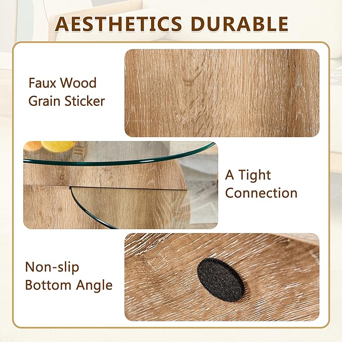 Glass Coffee Table, Modern Round Glass Coffee Table with Wooden Base, 3 Tier Round Coffee Table, Clear Cocktail Table with Storage for Living Room, Office, Balcony, Light Wood