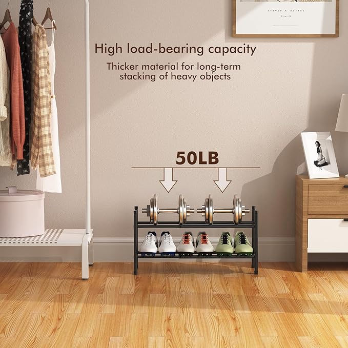 Expandable Shoe Rack, 2 Tier Shoe Rack for Closet, Stackable Adjustable Standing Metal Shoe Shelf Organizer Storage, Small Shoe Racks for Front Door Entrance、Entryway(Black)