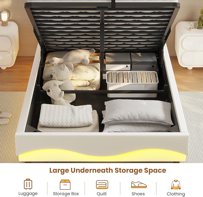 ADORNEVE Lift Up Storage Twin Bed Frame with LED Lights, Hidden Storage Headboard and Charging Station, Upholstered Platform Bed, LED Bed with Hydraulic, No Box Spring Needed, Creamy White