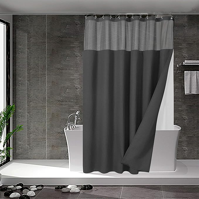 N&Y HOME Extra Long Waffle Weave Shower Curtain with Snap-in Fabric Liner & 12 Hooks Set - 71" x 84", Hotel Style & Mesh Top Window, Machine Washable - 71x84, Graphite Gray