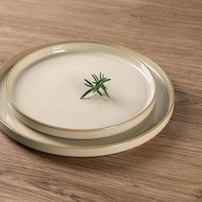 GBHOME Ceramic Dinnerware Sets With Double Bowl for 4, 16 Pieces Stoneware Plates and Bowls Set, Reactive Glaze Dishes -Scratch Resistant, Dishwasher&Microwave Safe-Warm Sand