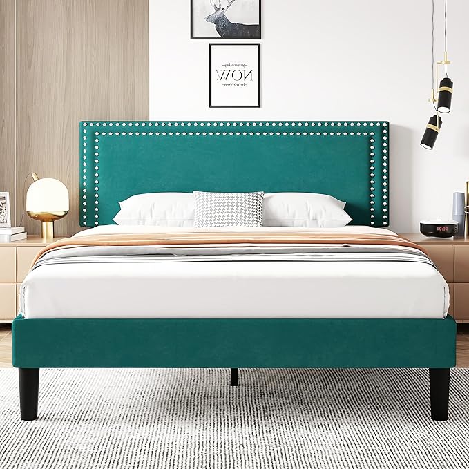 VECELO Full Size Bed Frame with Adjustable Upholstered Headboard, Wooden Slats Platform, Noise-Free Design, No Box Spring Needed, Easy Assembly
