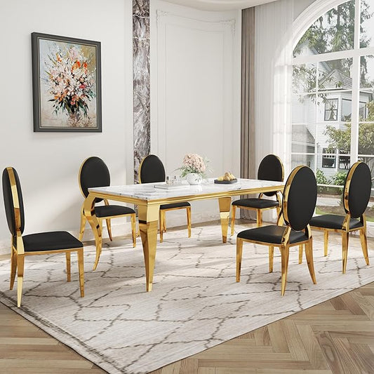 7-Piece Dining Table Set for 6, Faux Marble Modern Dining Table Set with 6 Round Backrest Upholstered Chairs, 70“ Stainless Steel Legs Table & Chair Set for Kitchen, Black & Gold