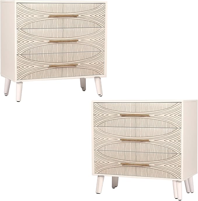 3 Drawer Dresser Set of 2, White Dresser for Bedroom, Chest of Drawers with Metal Handle, Including 2 Drawer Nightstand Set of 2 for Enterway, Texture Beige, 2 PCS