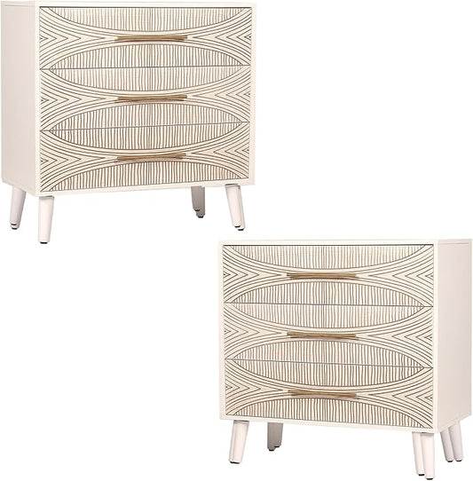 3 Drawer Dresser Set of 2, White Dresser for Bedroom, Chest of Drawers with Metal Handle, Including 2 Drawer Nightstand Set of 2 for Enterway, Texture Beige, 2 PCS