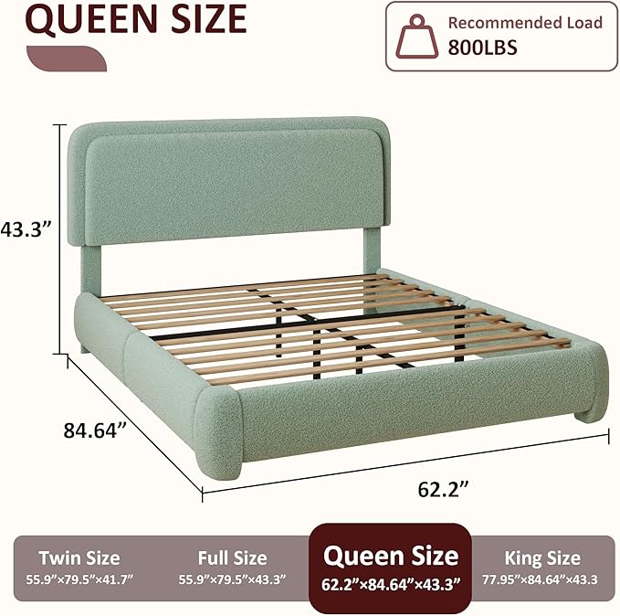 Queen Boucle Platform Bed Frame with Height Adjustable Headboard, Modern Upholstered Cloud Bed, Sleek Curved Design, No Box Spring Needed, Easy Assembly, Noise Free, Green