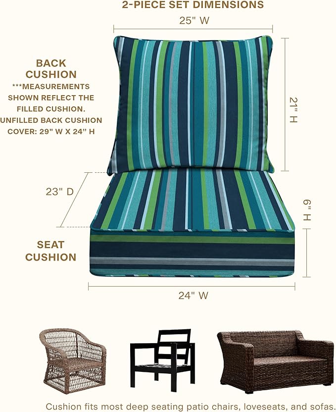 Honeycomb Outdoor Deep Seat, 24 x 23, Stripe Poolside Chair Cushion for Patio Furniture