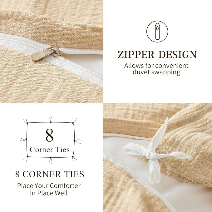 MEISHANG Muslin Duvet Cover King Size - 100% Organic Cotton, Soft Textured Gauze Weave Comforter Cover for Breathable All-Season with Zipper Closure - 3 Piece Set (King, Linen)