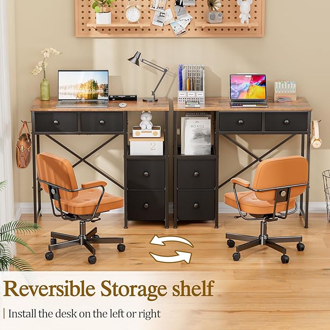 Small Computer Desk with 4 Fabric Drawers, Simple Writing Desk for Home Office, Compact Study Desks for Small Spaces, Kids Desk Study for Bedroom, Rustic Brown