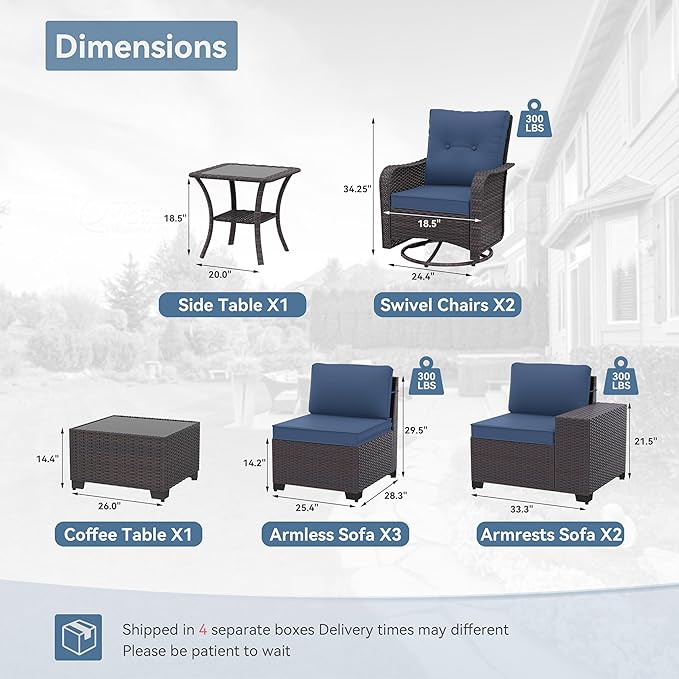 Kurapika 9 Pieces Patio Furniture Set, Rattan Sofa Set, Outdoor Conversation Sets w/Swivel Rocking Chairs Patio Sectional Sofa w/4in Cushion, Navy Blue
