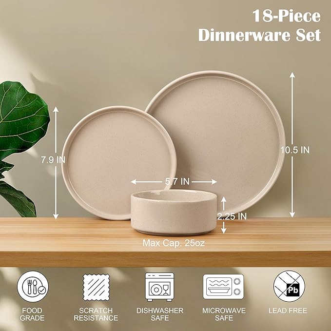 E-far Dinnerware Sets for 6, 18-Piece Stoneware Plates and Bowls Dish Set, Modern Kitchen Dinning Dishware, Chip and Scratch Resistant, Microwave & Dishwasher Safe, Speckled Khaki