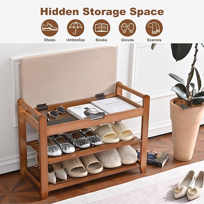 Shoe Rack Bench, Shoe Storage Bench with Cushion, 27.6in Entryway Bench with Lift Top Hidden Storage Holds Up to 330lb for Bedroom Living Room