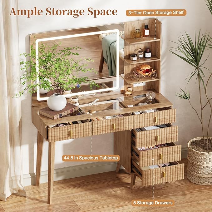 Large Makeup Vanity Desk with Mirror and Lights, Vanity Desk with 6 Drawers & Storage Shelves, Vanity Table with Power Outlet, 3 Color Modes & Adjustable Brightness Dressing Table, Bedroom,Wood