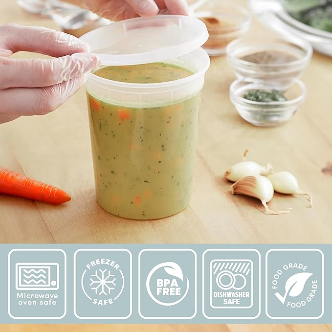 Galashield Deli Containers with Lids 32 oz. [24 Sets] Plastic Soup Containers with lids Deli Cups, To Go Food Containers