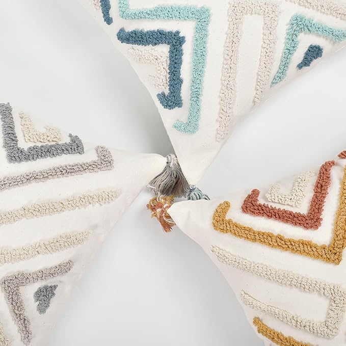 Boho Pillow Covers 20X20 Inch Boho Tufted Throw Pillow Covers Decorative Tassels Cushion Cover Farmhouse Pillow Case for Couch Sofa Bed Living Room Bedroom, Teal