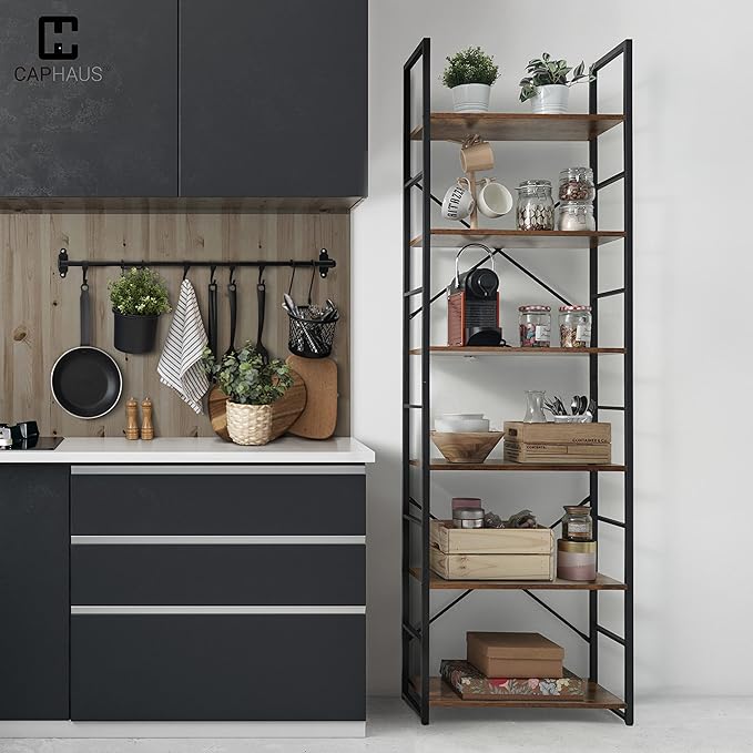 CAPHAUS 6 Tier Bookshelf, 24 Inch Width Free Standing Shelf, Bookcase Shelf Storage Organizer, Industrial Book Shelves for Home Office, Living Room, Kitchen, Rustic Oak Vintage Shelves & Metal Frame