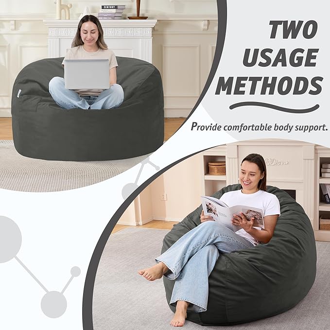 3FT Bean Bag Chair with Ultra Soft Velvet Cover Bean Bag Sofa with Memory Foam Bean Bag Chairs with Large Size Lazy Sofa for Dorm Office Living Room Bedroom Grey 3'
