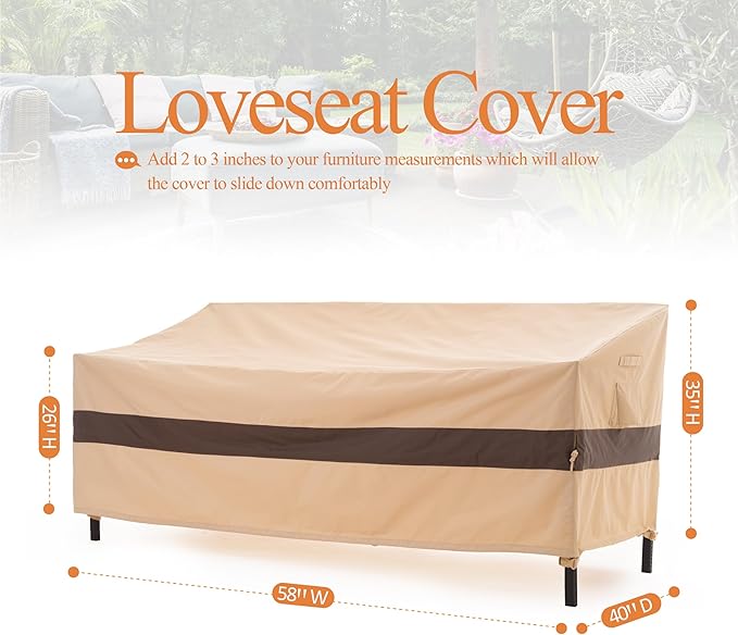 WJ-X3 Outdoor Loveseat Cover for 2-Seater Sofa, Waterproof & Heavy-Duty, Windproof Design, 58" W x 40" D x 35" H, Beige & Coffee