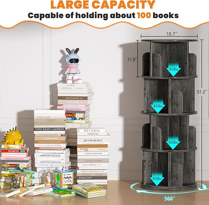 Rotating Bookshelf, Wood Corner Bookshelf, 360 Display Spinning Bookcase Storage Rack, 4 Tier Floor Standing Revolving Bookcase Narrow Book Shelf Organizer for Small Space, Bedroom, Grey Oak