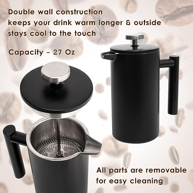 Mixpresso Black Stainless Steel French Press Coffee Maker 26 Oz 770 ml, Double Wall Insulated French Press Stainless Steel, Easy Clean Tea Brewer, Easy Press Durable Metal Coffee Press