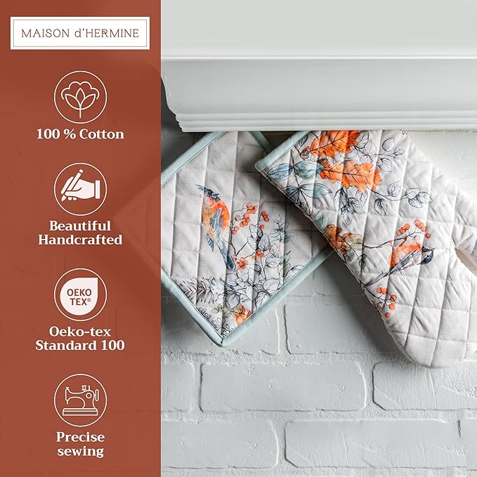 Maison d' Hermine 100% Cotton Oven Mitt & Pot Holder Set (7.5"x13" & 8"x8") Heat Resistant BBQ Cooking Gloves with Loop for Thanksgiving Christmas Decorations Handling Hot Pans (Whitish Shabby Chique)