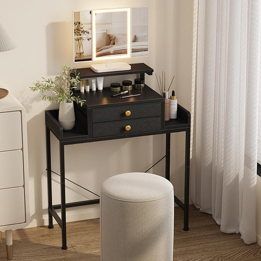 Vanity Desk with Mirror and Lights, 28.4''W Small Makeup Vanity Table with Height-Adjustable Stand, 2 Fabric Drawers Compact Makeup Desk, Gift for Girls, Bedroom Small Space, Black