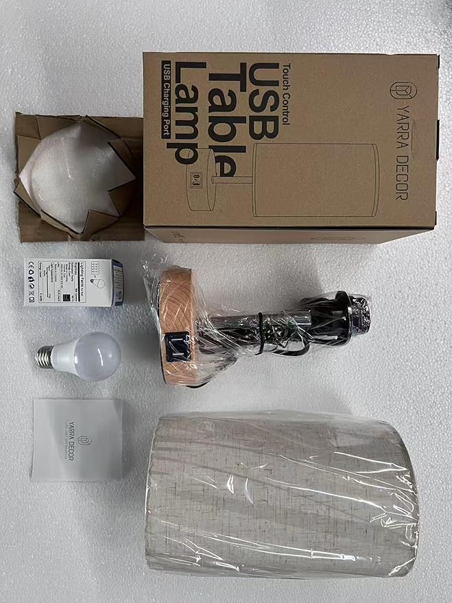 Yarra-Decor Bedside Table Lamp with USB Port - Touch Control for Bedroom Wood 3 Way Dimmable Nightstand Lamp with Round Flaxen Fabric Shade for Living Room, Dorm, Home Office (LED Bulb Included)