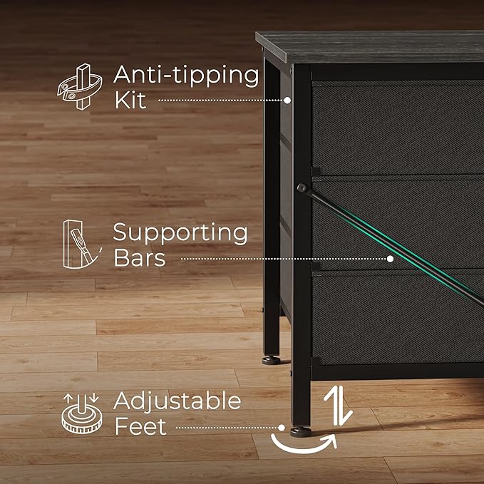 Huuger Long Dresser for Bedroom, 55 Inch TV Stand for 55, 60 Inch TV, Entertainment Center with Drawers, Large Storage, 9 Fabric Drawers Dresser for Closet, Charcoal Black Wood Grain Print