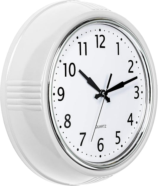 Bernhard Products Retro Wall Clock 9.5 Inch White Kitchen 50's Vintage Design Round Silent Non-Ticking Quality Quartz Clock for Home Office Nursery Bathroom Classroom Easy to Read (White)