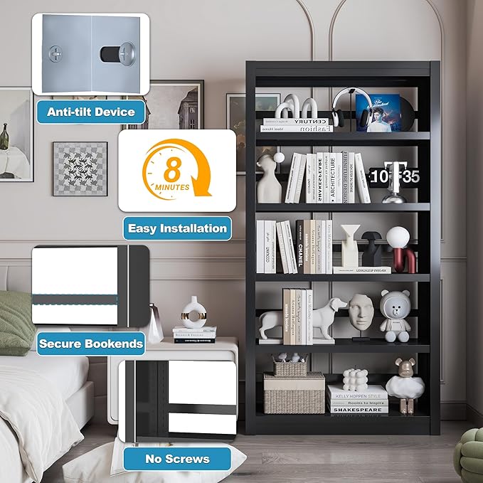 69" Tall Bookcase, Metal 6 Tier Bookshelf, Adjustable Industrial Bookshelf, Easy Assembly Modern Open Black Storage Shelf for Office, Bedroom, Living Room, Classroom, Library