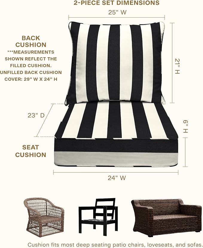 Honeycomb Outdoor Deep Seat, 24 x 23, Cabana Stripe Black & Ivory Chair Cushion for Patio Furniture