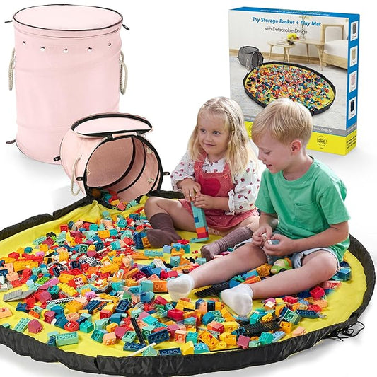 Toy Storage Basket with Slide and Large Play Mat for Boys and Girls Building Blocks Organizer, Foldable Fabric Storage Container Basket Bin Kids Toy Box with Rug for Boy Playroom Organization