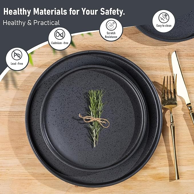 GBhome Ceramic Dinnerware Sets for 6, Matte Stoneware Plates and Bowls Sets,Chip and Scratch Resistant Dishes, Dishwasher & Microwave Safe, Oven safe,Reactive Glaze-Speckled Black