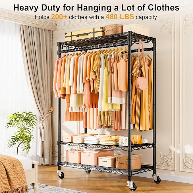 P7 Rolling Clothes Rack, Clothing Racks for Hanging Clothes, Heavy Duty Garment Rack with Wheels, 3 Tiers Freestanding Portable Closet Rack 45''W × 20.5''D × 80.5''H, Max Load 480 lbs, Black