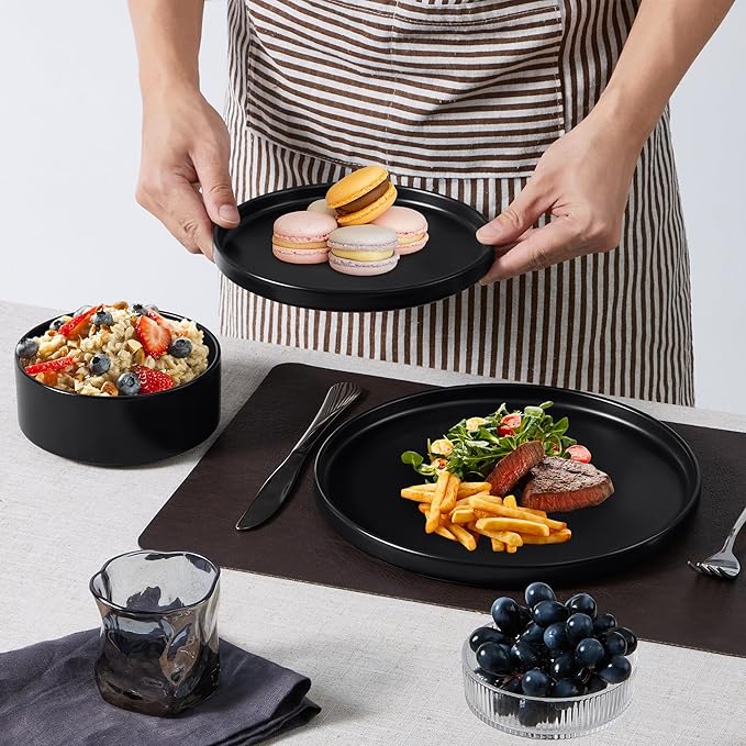 E-far Black Dinnerware Sets for 8, 24-Piece Stoneware Plates and Bowls Dish Set, Modern Kitchen Dinning Dishware, Chip and Scratch Resistant, Microwave & Dishwasher Safe, Matte Black