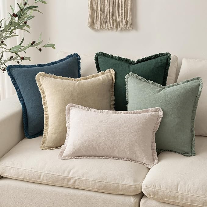 MIULEE Decorative Lumbar Throw Pillow Covers Neutral Linen Fringe Throw Pillows Set of 2 Navy Blue Boho Farmhouse Cushion Covers for Couch Sofa Bed Living Room Spring Home Decor 12x20 Inch