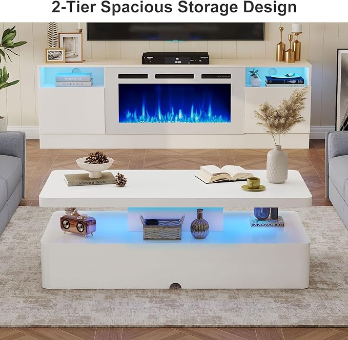 MXV Modern Coffee Table, 40 Inches Coffee Tables with 16 Colors LED Lights, 2 Tier Rectangular Center Table, Large Storage Space, High Glossy Wooden Tea Table for Living Room, Bedroom, Office, White