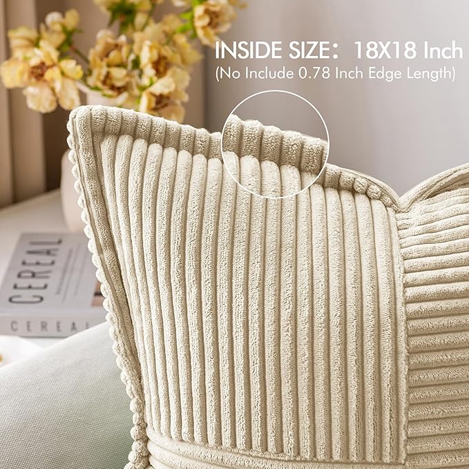 MIULEE Decorative Throw Pillow Covers for Couch Bed Livingroom 18x18 Inch Set of 2 Cream Boho Accent Throw Pllows Broadside Striped Patchwork Soft Corduroy Pillowcases