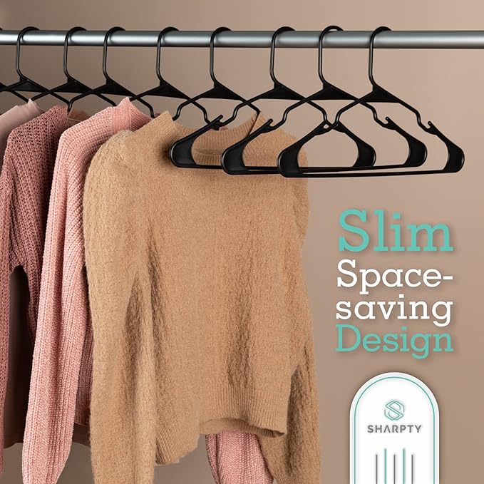 Sharpty Plastic Hangers Clothes Hangers for Clothing, Closet, Coats & Shirts - Notched, Durable, Thick, Tough & Space Saving - for Everyday Standard Use, Room Essentials & Basics - 50 Pack - Black