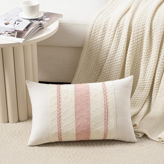 Fancy Homi Set of 2 Boho Pink Long Lumbar Decorative Throw Pillow Cover 14x24 Inch for Couch Bed Sofa Chair, Modern Organic Farmhouse Home Decor, Soft Cotton Cute Accent Rectangle Cushion Case