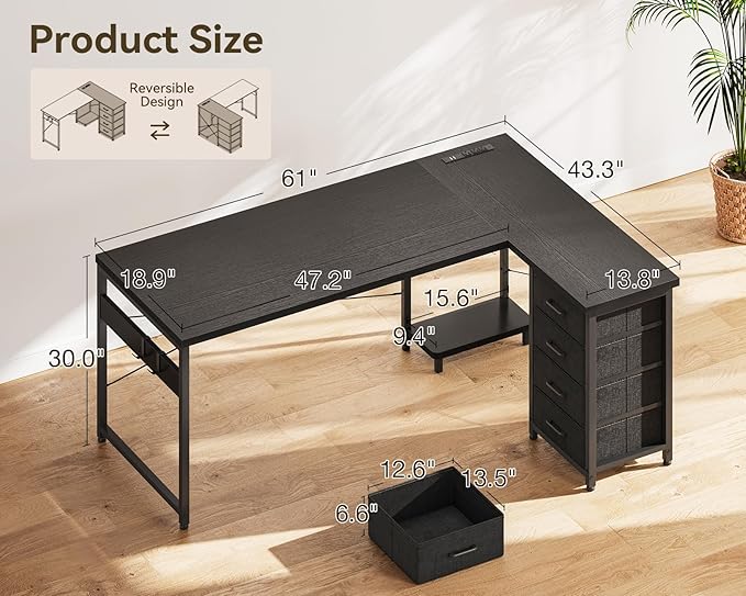 ODK 61'' L Shaped Desk with 4 Drawers, Reversible Corner Desk with Storage, Gaming Table with Power Outlets, USB Ports, PC Case Shelf, Computer Desk for Home Office, Study, Easy Assembly, Black