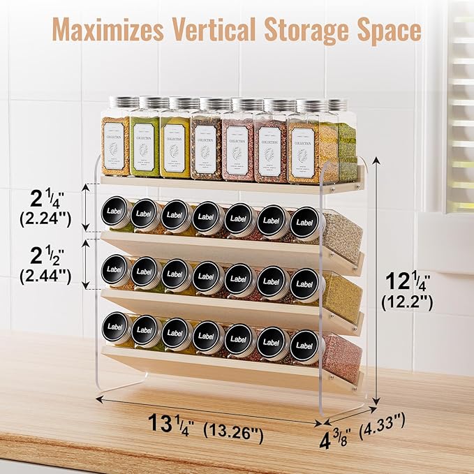 MUDEELA Clear Spice Rack Organizer for Cabinet, 4 Tiered Vertical Spice Shelf, Wooden Material, Seasoning Organizer for Countertop, Kitchen, Pantry, Freestanding, 13.3" W × 11.2" H (No Jars Included)