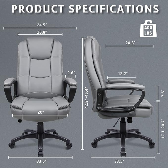 LEMBERI Office Desk Chair, Big and Tall Managerial Executive Chair, High Back Computer Chair, Ergonomic Adjustable Height PU Leather Chairs with Cushions Armrest for Long Time Sitting (Grey)