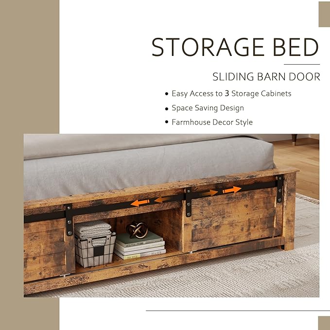Wooden Bed Frame Queen Size with Headboard & Sliding Barn Door Storage Footboard, Farmhouse Platform Bedframe with Charging Station, No Box Spring Needed, Brown