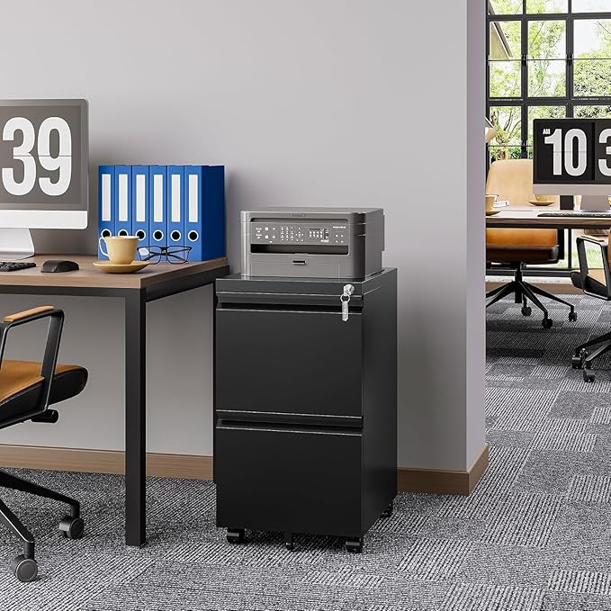2 Drawer File Cabinet with Lock，Locking Filing Cabinet Under Desk,Rolling File Cabinets for Home Office/Legal/Letter Size,Fully Assembled (Black)