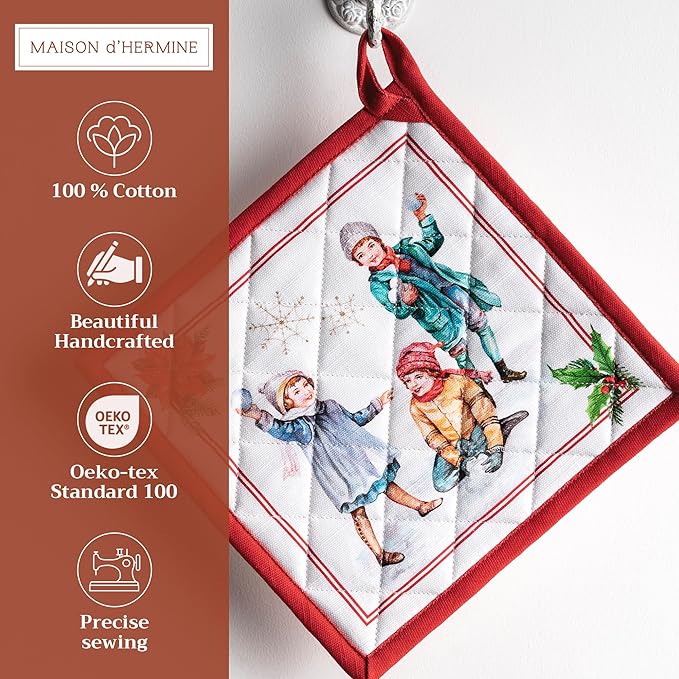 Maison d' Hermine Pot Holders 100% Cotton Heat Resistant Potholders 8" x 8" Hot Pads with Loop for Thanksgiving Christmas Decorations BBQ Cooking Baking Handling Hot Pans (Pack of 1, Chromo)