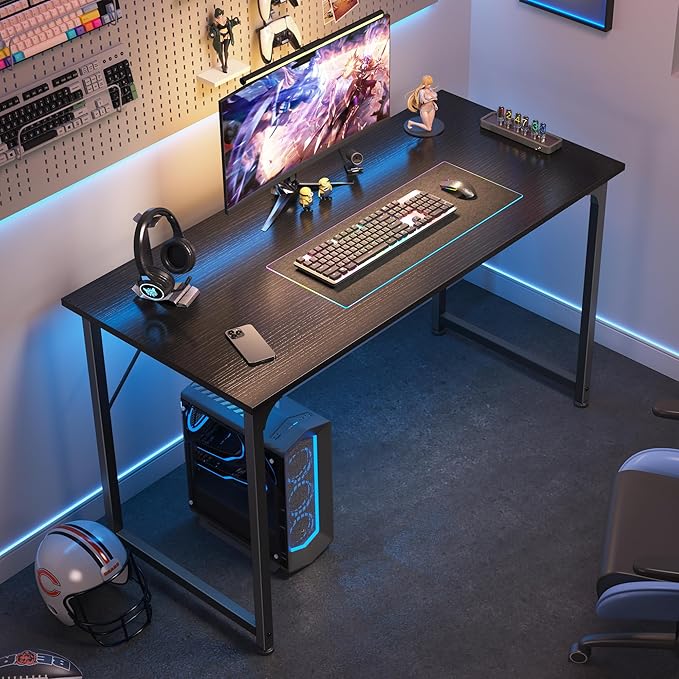 Huuger Modern Simple Office Desk, 40 Inch Gaming Desk with Storage, Black Metal Frame, Large Legroom